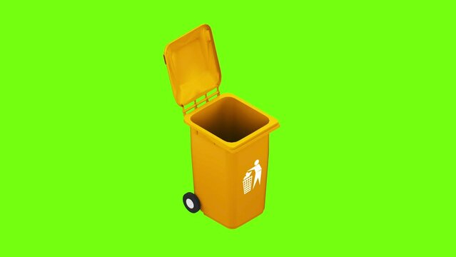 Trash Bin 3D Isometric Animated Icon Isolated on green screen Background. 4K Ultra HD ProRes 4444, Video Motion Graphic Animation.