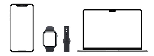 Set of phone, tablet and watch on transparent background with transparent screen. Vector illustration. Devices with blank screens.