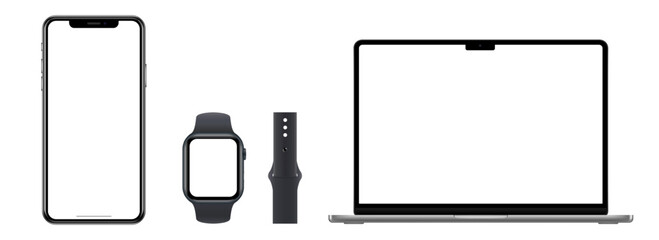 Set of phone, tablet and watch on transparent background Vector illustration. Devices with blank screens.