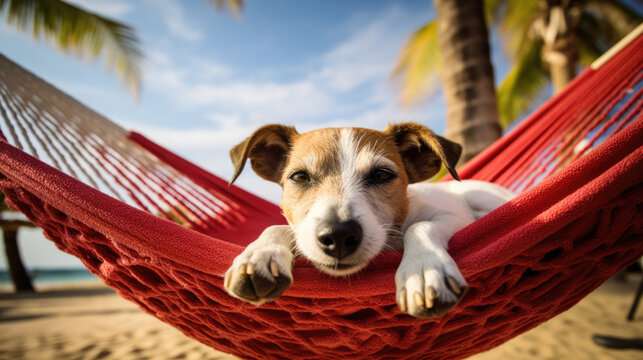 Jack Russell dog relaxing on red hammock, on summer vacation holidays at the beach