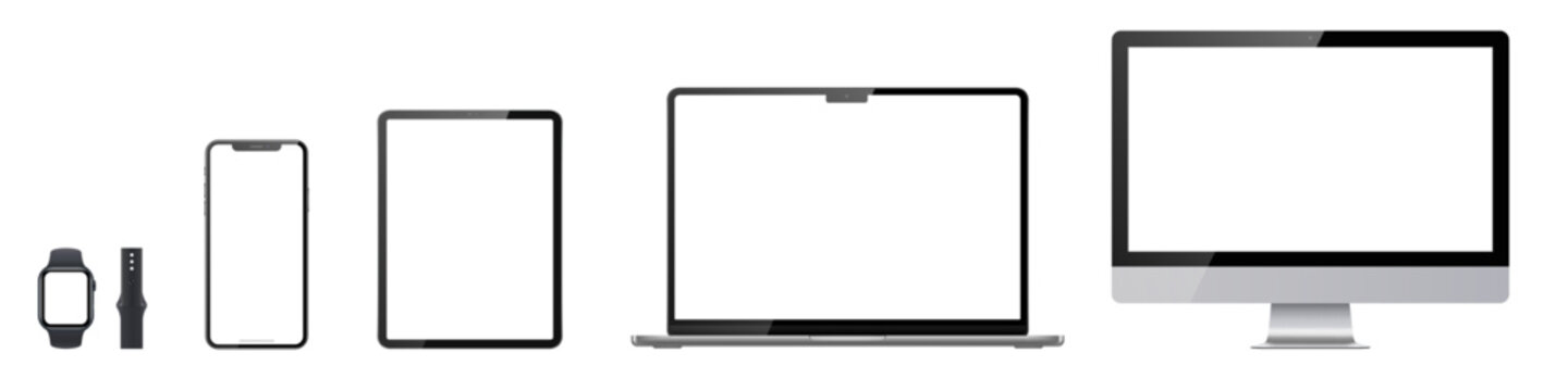 Set of computer, laptop, phone, tablet and watch on transparent background with transparent screen. Vector illustration. Devices with blank screens.