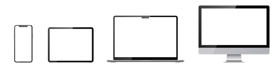 Set of monitor, laptop, tablet, phone on transparent background with transparent screen. Vector illustration.	