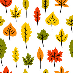 Autumn seamless pattern with different leaves. Bright print