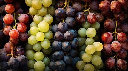 Realistic photo of different kind of grapes. top view fruit scenery