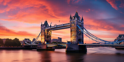 Panorama from the Tower Bridge to the Tower of London, United Kingdom, during sunset - obrazy, fototapety, plakaty