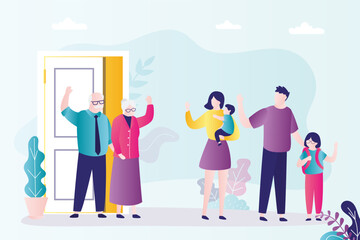 Young family with children leaves grandparents house. Independent living, separate living in your own home. Relocation, a long journey without grandparents. Relationship problems.
