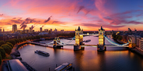 Panorama from the Tower Bridge to the Tower of London, United Kingdom, during sunset - obrazy, fototapety, plakaty