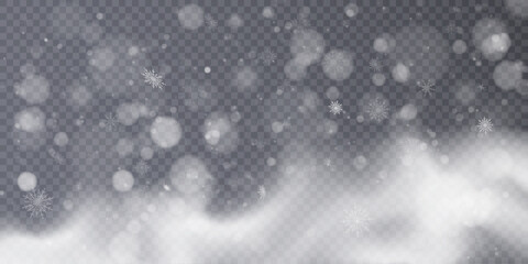 Christmas background overlay mid-air flying white snowflakes. Heavy snowfall on transparent vector background.