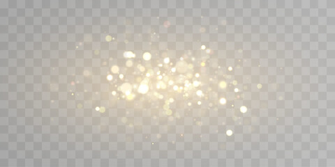 Gold dust light bokeh. Christmas glowing bokeh and glitter overlay texture for your design on a transparent background. Golden particles abstract vector background.