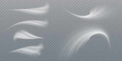 Design element to visualize the flow of air or water.
  Set of white airflow wave effects. vector png