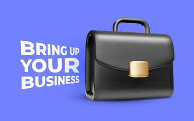 Vector illustration of business black color briefcase with text bring up your business on blue background. 3d style design of black briefcase