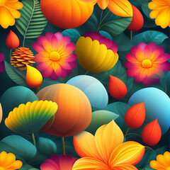 A group colorful flowers design  on a blue background