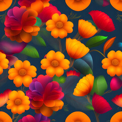 A group colorful flowers design  on a blue background