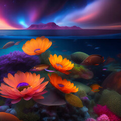 A group colorful flowers design  on a blue background