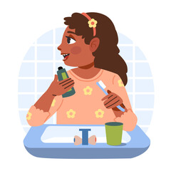 Dental hygiene. Baby girl brushing her teeth in pajamas. Flat vector illustration.