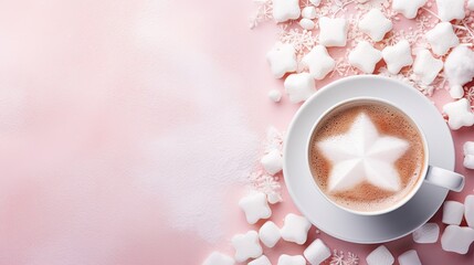 Cappuccino coffee with a star on the crema and a pink background with white marshmallows.