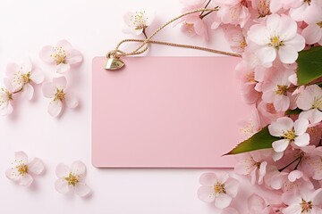 Pink tag or business card on a light background with cherry blossom. Empty space for product placement or promotional text.
