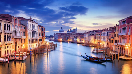 Panorama of Venice at night, Italy. Beautiful cityscape of Venice in evening. Panoramic view of Grand Canal at dusk. It is one of the main travel attractions of Venice. Romantic water trip in Venice