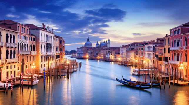 Panorama of Venice at night, Italy. Beautiful cityscape of Venice in evening. Panoramic view of Grand Canal at dusk. It is one of the main travel attractions of Venice. Romantic water trip in Venice