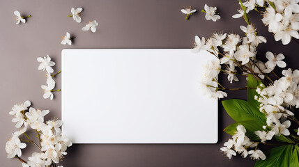 Naklejka na ściany i meble White paper or business card on a gray table with cherry flowers. Empty space for product placement or promotional text.