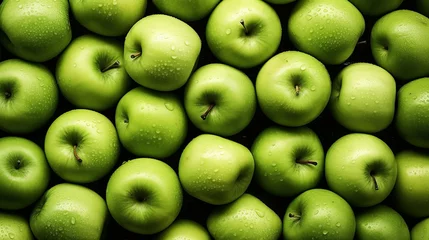 Fotobehang Realistic photo of a bunch of green apples. top view fruit scenery © Intania