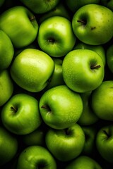 Realistic photo of a bunch of green apples. top view fruit scenery