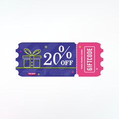 Promo code. Vector Gift Voucher with Coupon Code. 20% off gift vouchers.