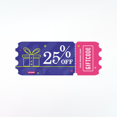 Promo code. Vector Gift Voucher with Coupon Code. 25% off gift vouchers.