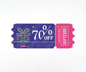 Promo code. Vector Gift Voucher with Coupon Code. 70% off gift vouchers.