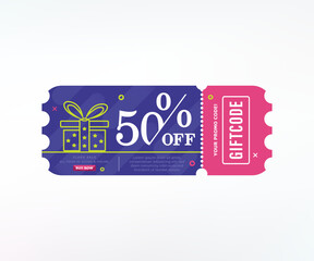 Promo code. Vector Gift Voucher with Coupon Code. 50% off gift vouchers.