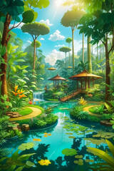 Jungle Cartoon Background in Deep Rainforest