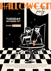 Halloween party invitation in retro style. Skeleton pair man and woman in bar in retro style of 60's-70's. Day of the Dead concept.