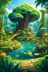 Obraz na płótnie Canvas Jungle Cartoon Background in Deep Rainforest