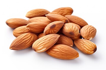 Heap of organic almond for healthy snack. Nature bounty. Close up of Fresh almonds on white background isolated. Wholesome delight. Pile of nutritious