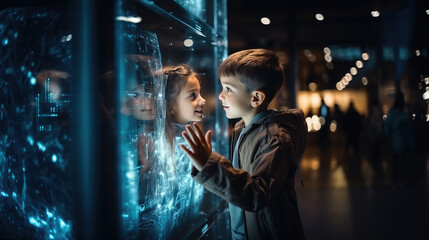 Fototapeta na wymiar Generative AI, the child looks at the holographic transparent 3D screen of the future, the boy is a programmer in virtual reality, artificial intelligence, computer technology, neon, space for text