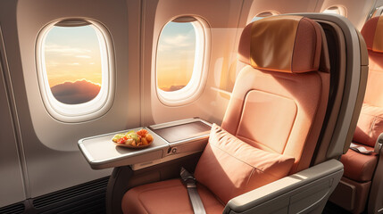 Comfortable seat in the business class interior of the airplane created with Generative AI technology