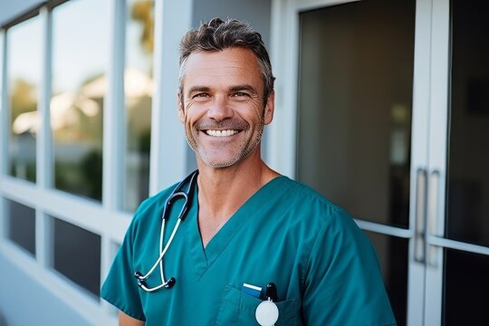 Portrait Of Smiling Male Doctor Standing Outside Hospital Building With Stethoscope