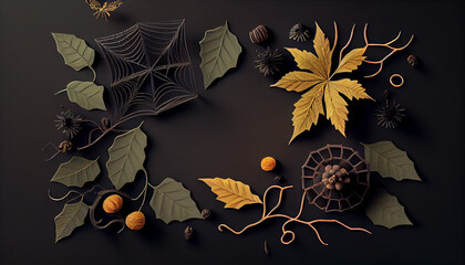 Happy Halloween pumpkin frame, Autumn holiday concept composition, Top view with copy space, Ai generated image
