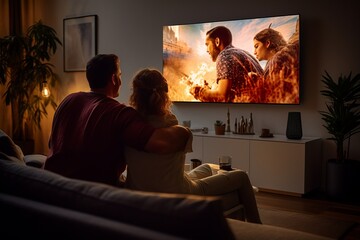 a couple sitting in front of a huge flat screen television in the living-room in the evening watching a movie spending leisure time together