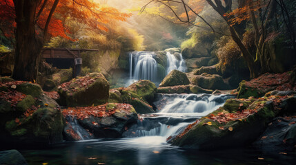 Fototapeta na wymiar Waterfall in the autumn with ray light, Landscape