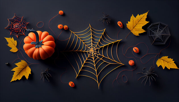 Happy Halloween pumpkin frame, Autumn holiday concept composition, Top view with copy space, Ai generated image
