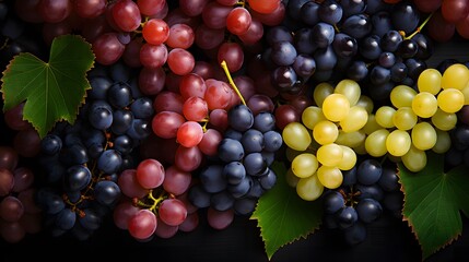 Grapes with leaves on a black background, top view. Ripe red grapes on vineyards in autumn harvest...