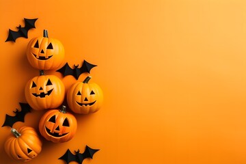 Halloween pumpkins and bats on orange background with copy space.