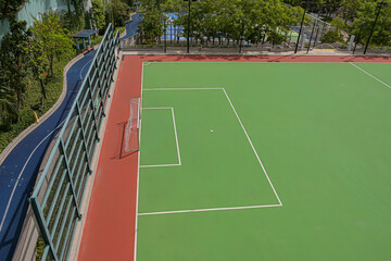 Naklejka premium Soccer goal and penalty area range, along with the adjacent fitness walking path