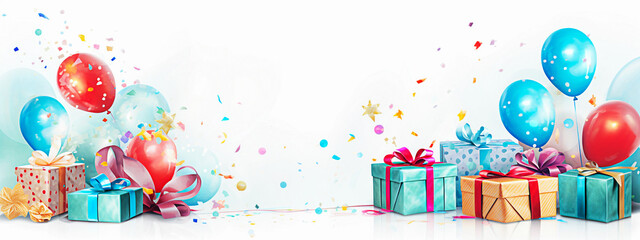 Gift boxes and balloons with confetti on white background. watercolor illustration. selective focus.  