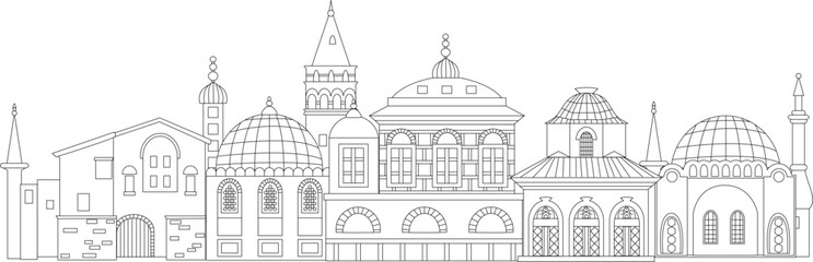 outlined cityscape with European buildings, a temple with a dome