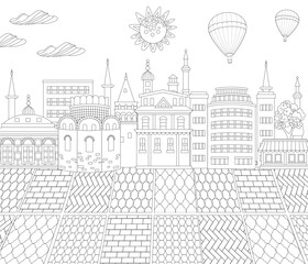 coloring book page for adult and children with hot air balloons