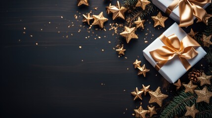 Holiday background for Christmas and New Year. Xmas greeting card. Christmas gifts on beautiful background top view. Noel. Flat lay