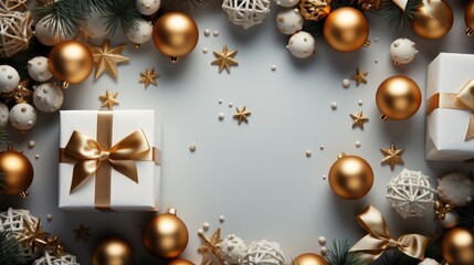 Holiday background for Christmas and New Year. Xmas greeting card. Christmas gifts on beautiful background top view. Noel. Flat lay