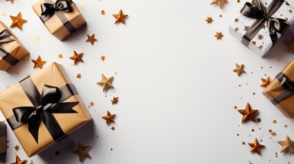 Holiday background for Christmas and New Year. Xmas greeting card. Christmas gifts on beautiful background top view. Noel. Flat lay